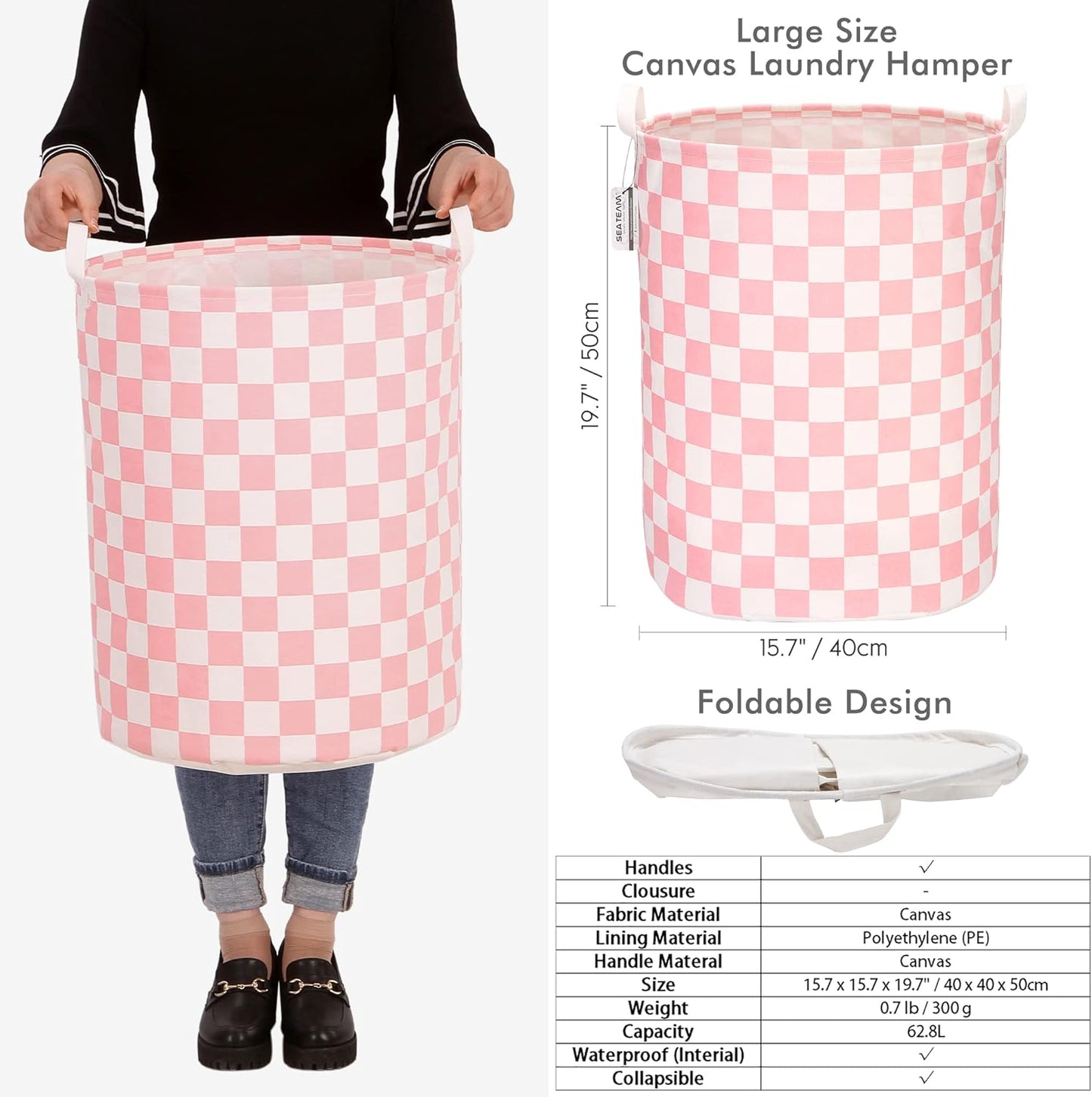 Sea Team 19.7 Inches Large Sized Waterproof Coating Ramie Cotton Fabric Folding Laundry Hamper Bucket Cylindric Burlap Canvas Storage Basket with Stylish Grid Pink Design