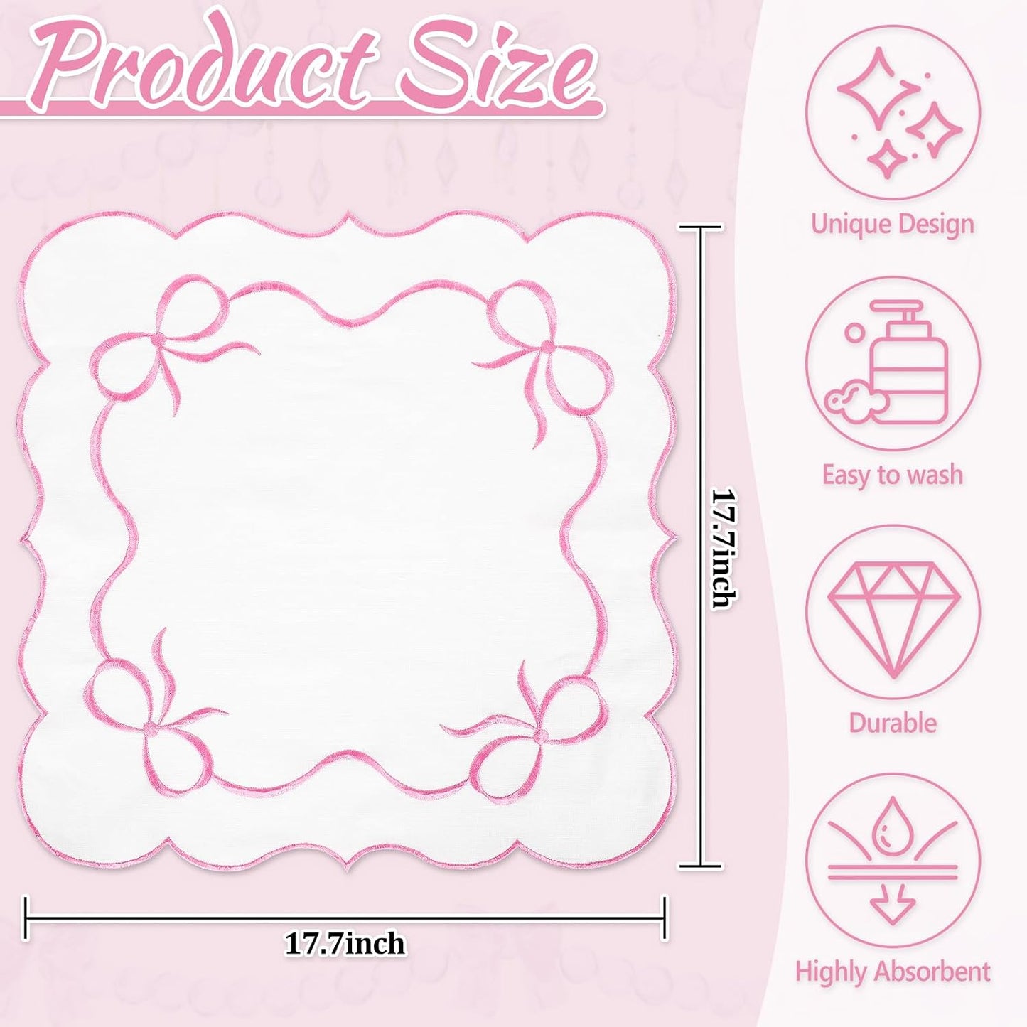 FYSUIMU 6 Packs Cloth Napkins Pink Embroidered Bow Napkin Scalloped Edge Reusable Washable Embroider Bowknot Table Napkins for Mother's Day Wedding Bridal Baby Shower Party Housewarming Gifts
