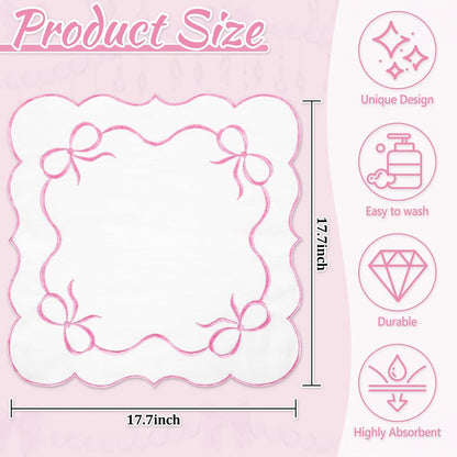 FYSUIMU 6 Packs Cloth Napkins Pink Embroidered Bow Napkin Scalloped Edge Reusable Washable Embroider Bowknot Table Napkins for Mother's Day Wedding Bridal Baby Shower Party Housewarming Gifts