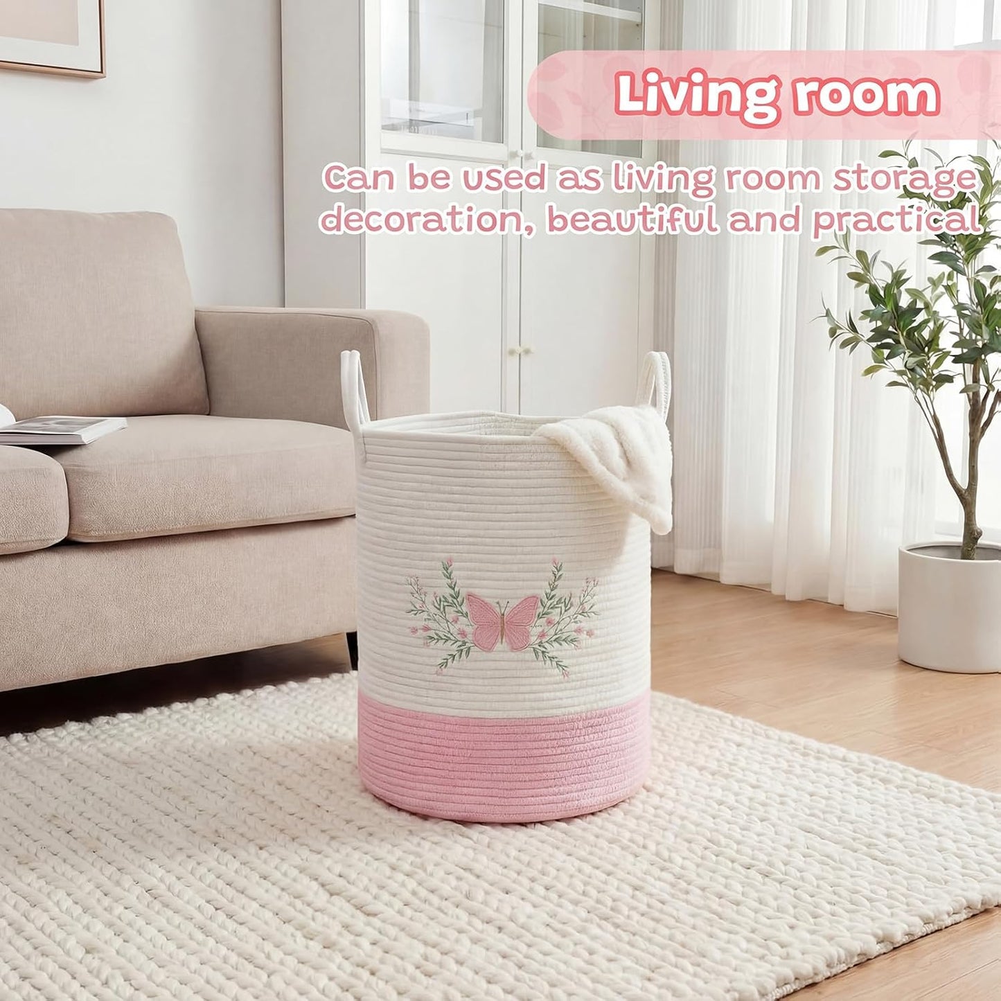 Honeydak Pink Butterfly Laundry Basket Hamper Coquette Laundry Basket Embroidered Cotton Rope Hamper 15 x 17.7 Inches Toy Box Large Coquette Decor Teen Girl Room Storage for Cloth Organization