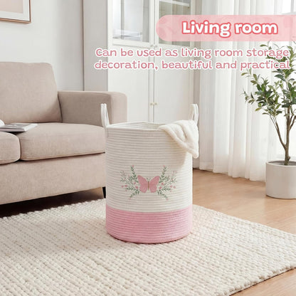 Honeydak Pink Butterfly Laundry Basket Hamper Coquette Laundry Basket Embroidered Cotton Rope Hamper 15 x 17.7 Inches Toy Box Large Coquette Decor Teen Girl Room Storage for Cloth Organization