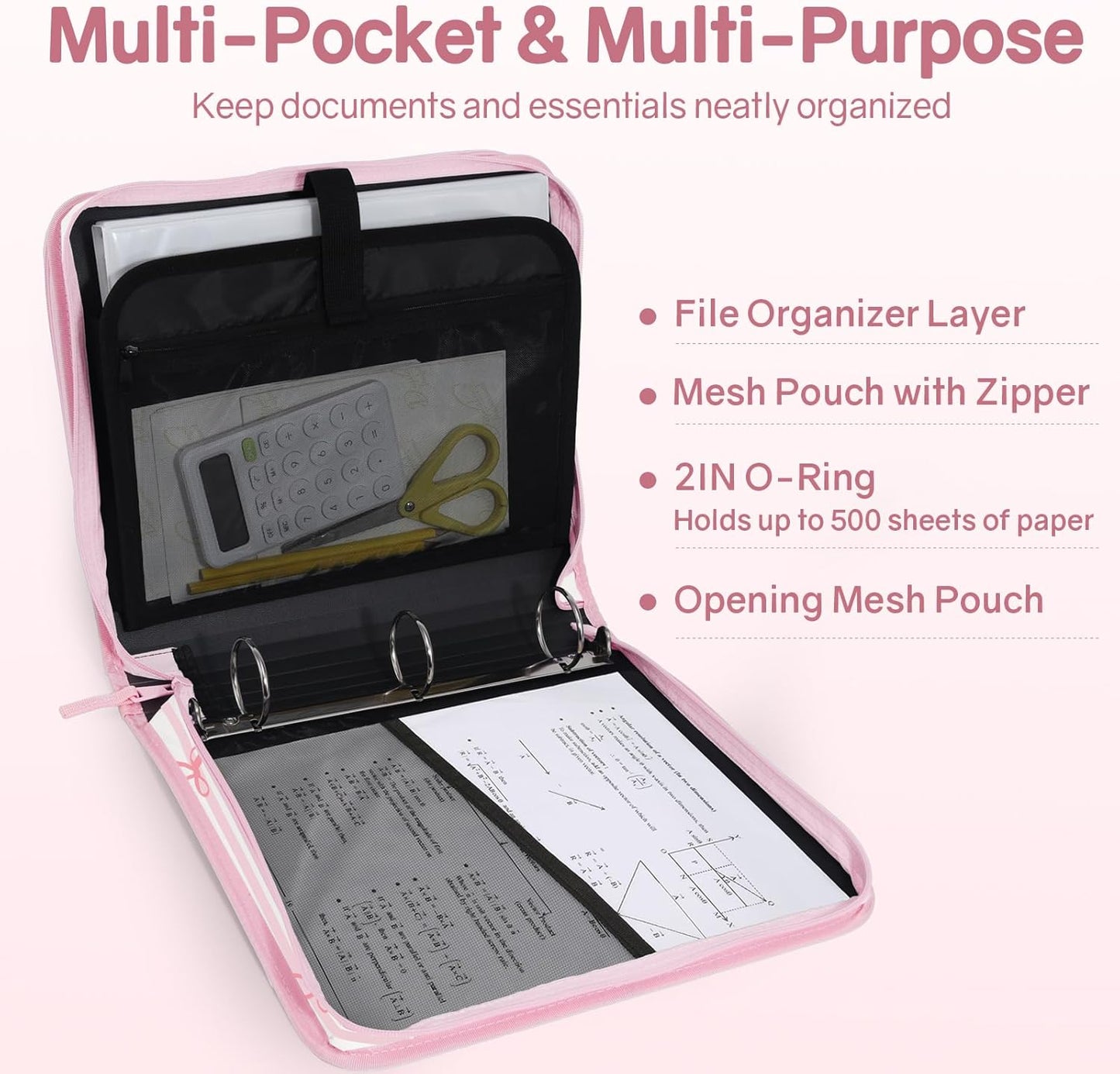 SUNEE Zippered Binder Bag with Handle, 2-Inch 3-Ring O-Ring, 500-Sheet Capacity, Includes Zip Pocket, 5-Tab Expanding File Folder, Multi-Pocket Organizer Binder for Middle School, Pink Bow
