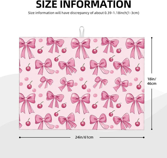 Dish Drying Mat for Kitchen Pink Bow Pattern Cherry Counter Absorbent Dishes Drainer Microfiber Large 18x24 Inch
