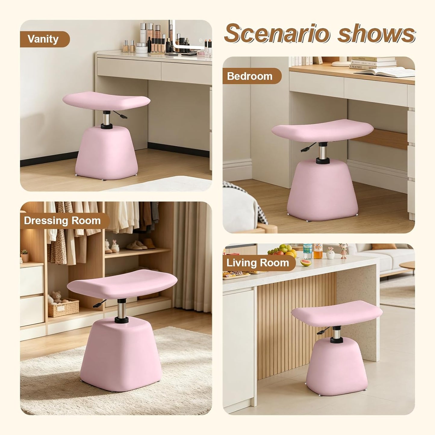 JPBSTO Small Ottoman Footrest, Modern Vanity Stool Chair Adjustable Height, Upholstered Ottoman with Soft Padded Seat Under Desk for Living Room, Vanity, Entryway, Bedroom (Pink, W-Ottoman)