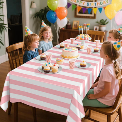 4 Pcs Pink and White Striped Tablecloths Plastic Pink Stripe Tablecloths Waterproof Rectangle Striped Tablecloth for Holiday Picnic Birthday Theme Party Decorations, 52 x 86 in