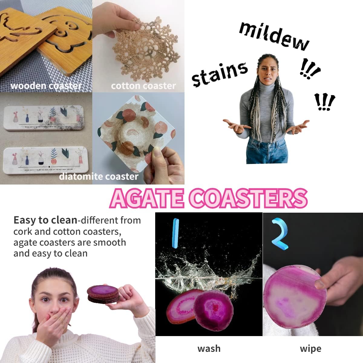 Geode Agate Slice Coasters Dyed Pink 3-4" Set of 4 Crystal Decorations Art Coaster Stone Bar Sets for The Home Drinks