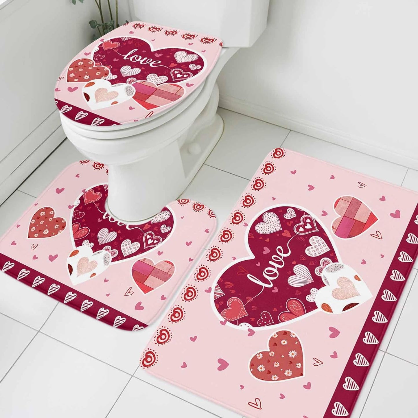 Light Pink Valentines Day Bathroom Rugs Mat Sets 3 Piece, Love Hearts Romantic Farmhouse Bath Shower Rugs with U-Shaped Contour Toilet Mat, Large Absorbent Bathtub Runner Rugs Floor Mats