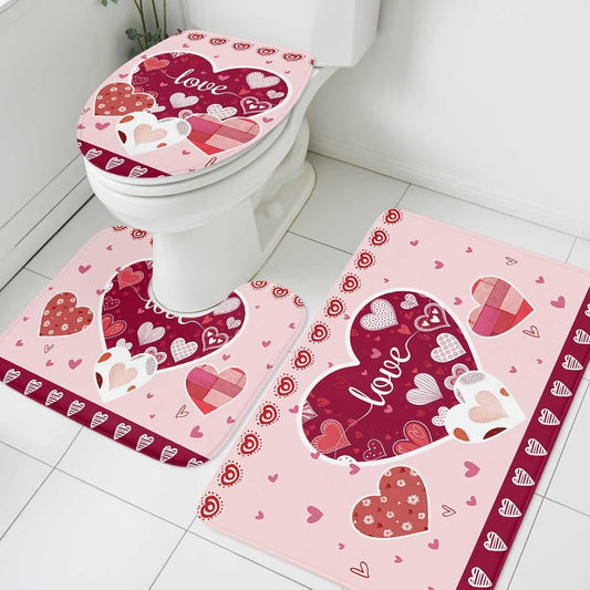 Light Pink Valentines Day Bathroom Rugs Mat Sets 3 Piece, Love Hearts Romantic Farmhouse Bath Shower Rugs with U-Shaped Contour Toilet Mat, Large Absorbent Bathtub Runner Rugs Floor Mats