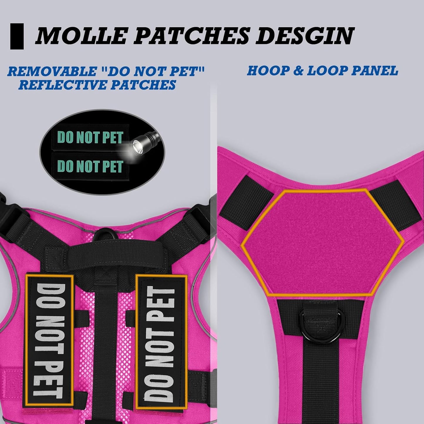Tactical Dog Harness for Medium and Large Breeds, Air Dog Vest No Pull with Reflective Do Not Pet Patches, Breathable Dog Molle Vests for Training Walking Hunting Pink