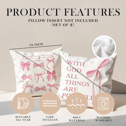 Coquette Pink Bow Christian Throw Pillow Covers 18x18 Set of 2,Pink Bow Christian Room Bedroom Dorm Decor Aesthetic for College Teen Girls Gifts, Inspirational Bible Verses Bow Pillowcase（02）