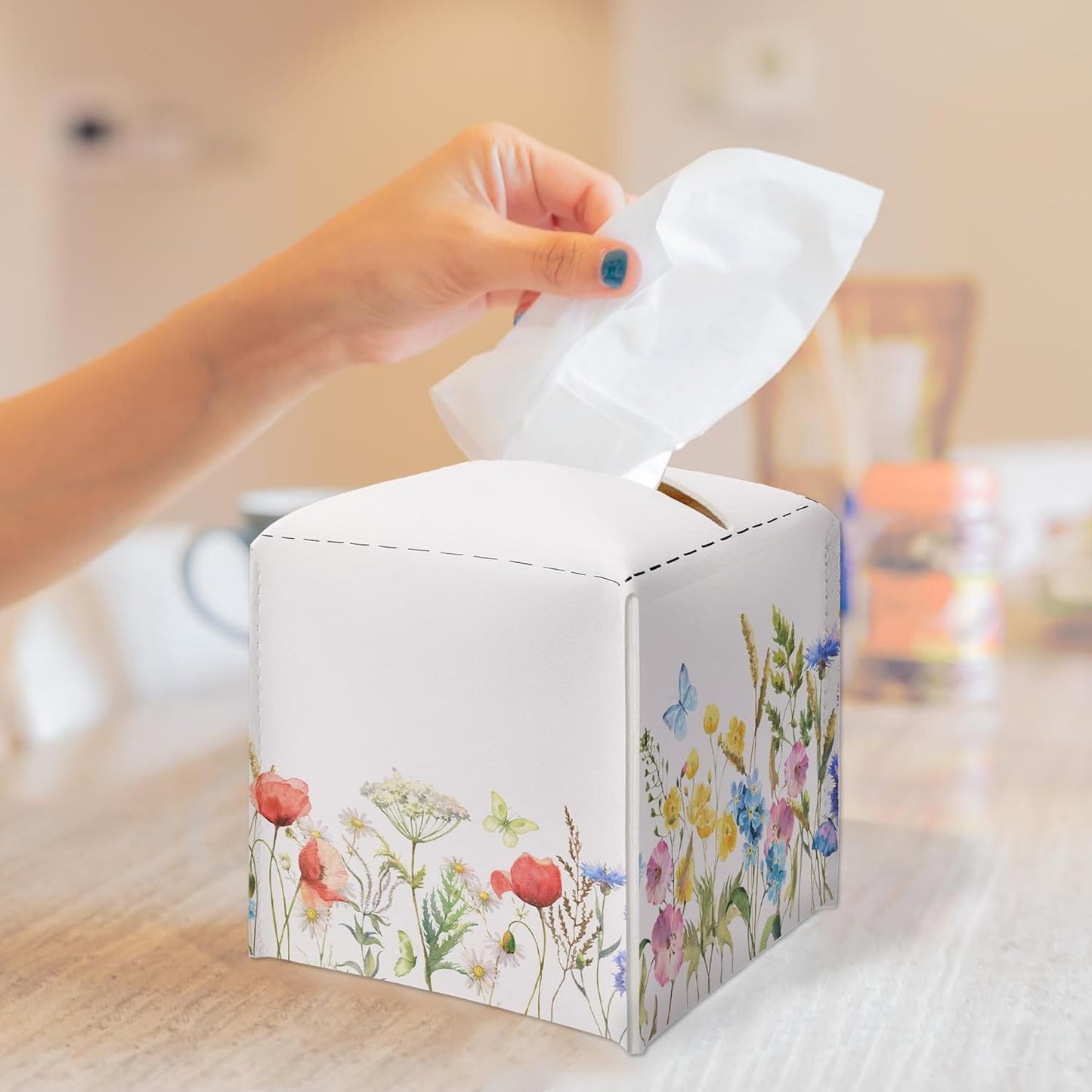 Spring Pink Flowers & Butterfly PU Leather Tissue Box Cover - Seasonal Decorative Tissue Holder - Waterproof Dispenser Box - Facial Paper Organizer Home Decor for Living Room, Bathroom, Office - A04
