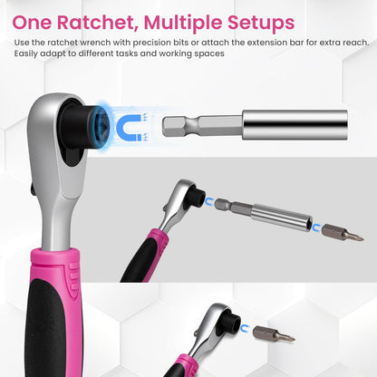 Mini Ratchet Screwdriver Set for Bike Repairs, Pink Portable Tool Kit for Women, 72-Tooth Compact Ratchet with Bits & Extension Rod for Tight Spaces, Furniture, Bicycle & Motorbike
