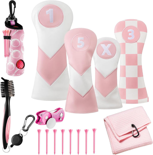 16 Pcs Golf Accessories Kit, 4 Pcs Leather Golf Club Headcovers for Woods, Drivers & Hybrids with Magnetic Ball Marker, Tees & Cleaning Brush Set for Men & Women