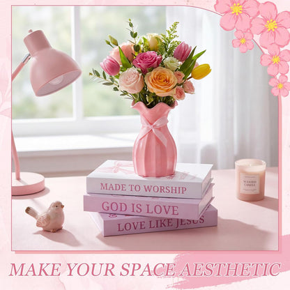 Novabright 4 Pcs Pink Bow Decorative Books and Vase Set, Coquette Room Decor Christian Preppy Fake Books Magnetic Storage Box Bible Verse Scripture Gifts Cute Faux Book Stack for Bookshelf Home Decor
