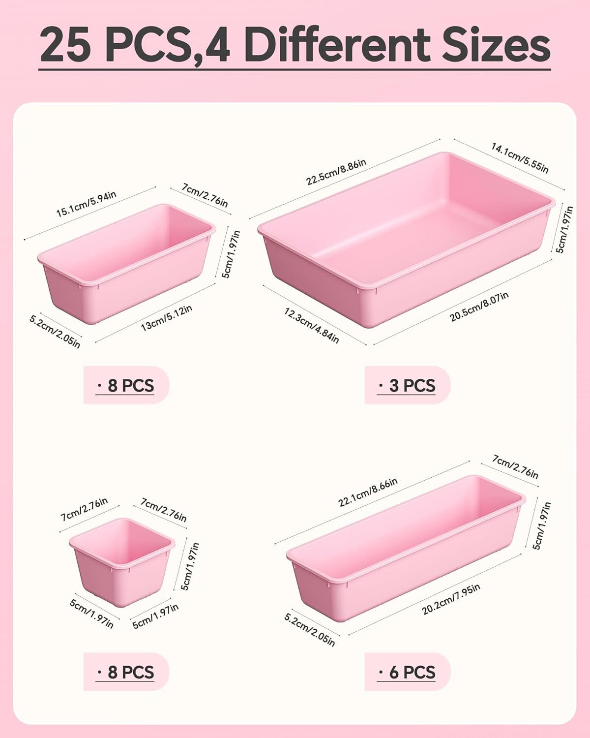 KEMETHY 25 PCS Plastic Drawer Organizers Set, 4 Sizes Vanity Organizer, Makeup and Desk Drawer Organizer Trays, Organization and Storage for Makeup, Bathroom, Kitchen Utensils and Office (Pink)