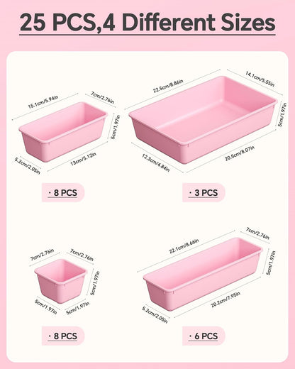 KEMETHY 25 PCS Plastic Drawer Organizers Set, 4 Sizes Vanity Organizer, Makeup and Desk Drawer Organizer Trays, Organization and Storage for Makeup, Bathroom, Kitchen Utensils and Office (Pink)