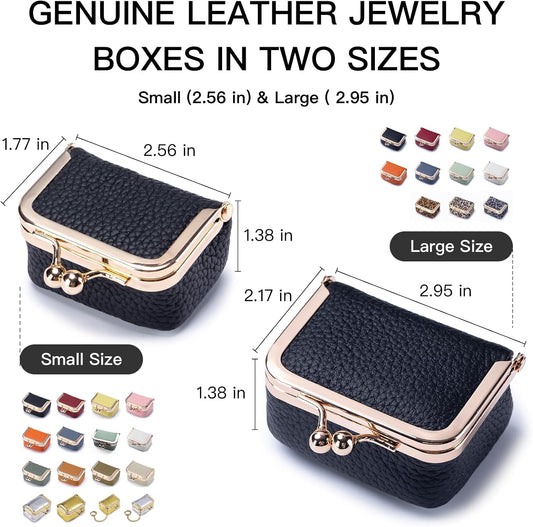 Genuine Leather Mini Jewelry Box - Vintage-Inspired Travel Jewelry Organizer with Kiss Lock, Compact Ring Box for Women, Perfect for Earrings, Rings, Necklaces, Bracelets - Ideal Gift for Her (Pink)