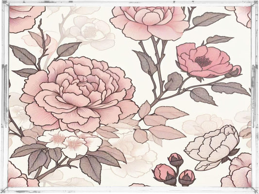 Vintage Pink Floral Serving Tray, Decorative Ottoman Trays with Handles for Breakfast, Coffee Table, Dining Room, Party - 16" x 12"