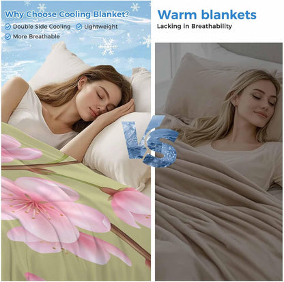 Cooling Blanket for Hot Sleepers, Pink Peach Flowers Lightweight Breathable Summer Blanket, Spring Botanical Watercolor Floral Green Double-Side Cool Throw Blankets for Sleeping Travel, 30"x40"