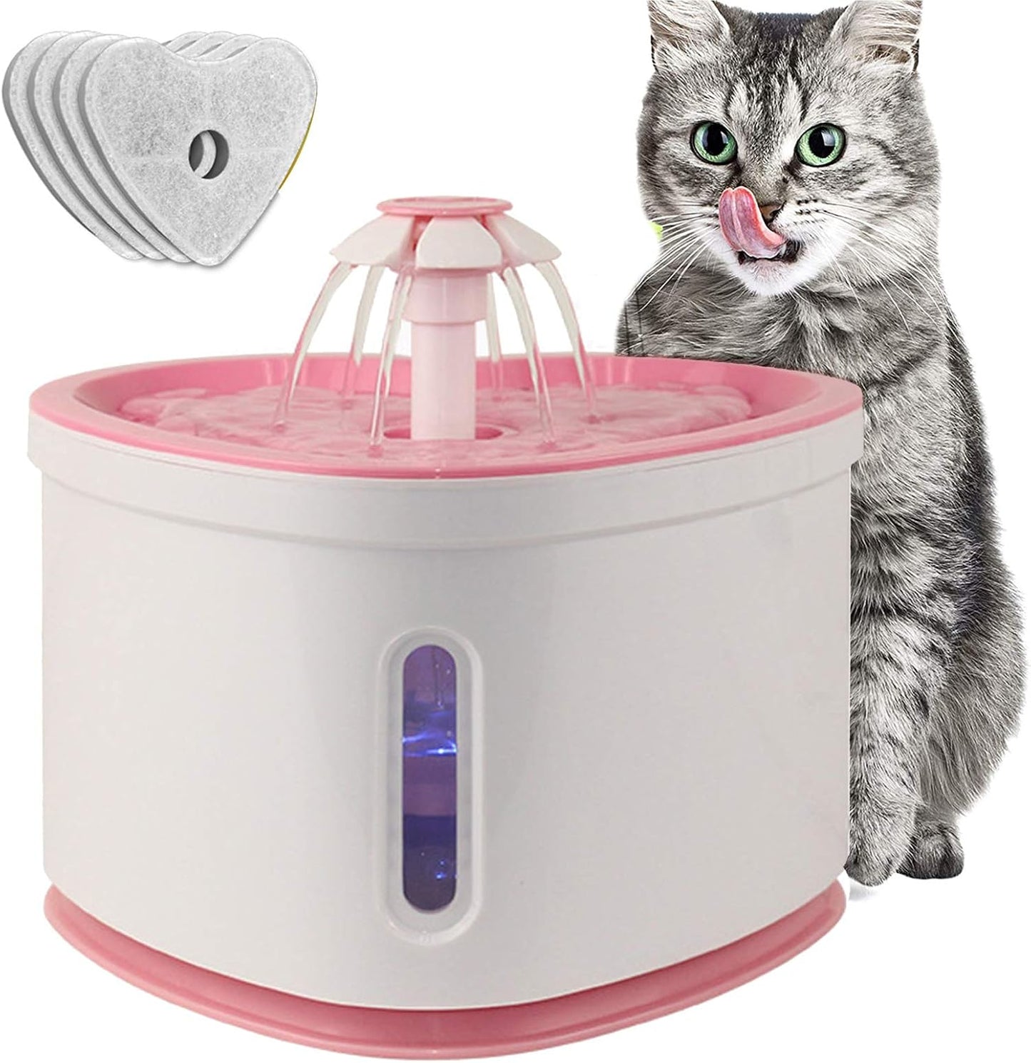 Cat Water Fountain 2L Pet Drinking Fountain,Automatic Cat Puppy Dog Water Dispenser,LED Night Vision Water Level Window, Intelligent Auto Shut Off and Ultra-Quiet Pump, 4 Replacement Filters