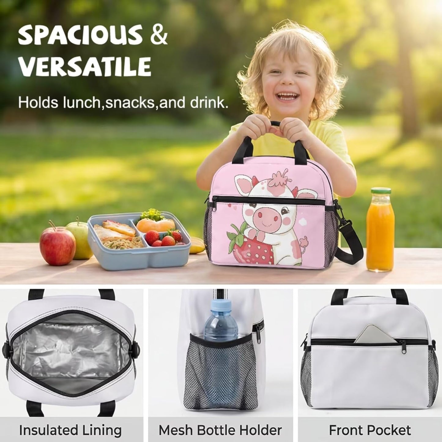 COEQINE Personalized Backpack with Lunch Box Kids Girls Cow Pink Strawberry Cute Bag for School Preschool Elementary Front Zip Pocket Holder Snacks Lightweight Bookbag Diaper Bag,13In