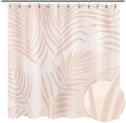 Sunlit Pink Textured Slubbed Fabric Shower Curtain, Mid Century Modern Palm Leaf Shower Curtains for Bathroom Decoration, Boho Botanical Bathroom Curtains, 72x72