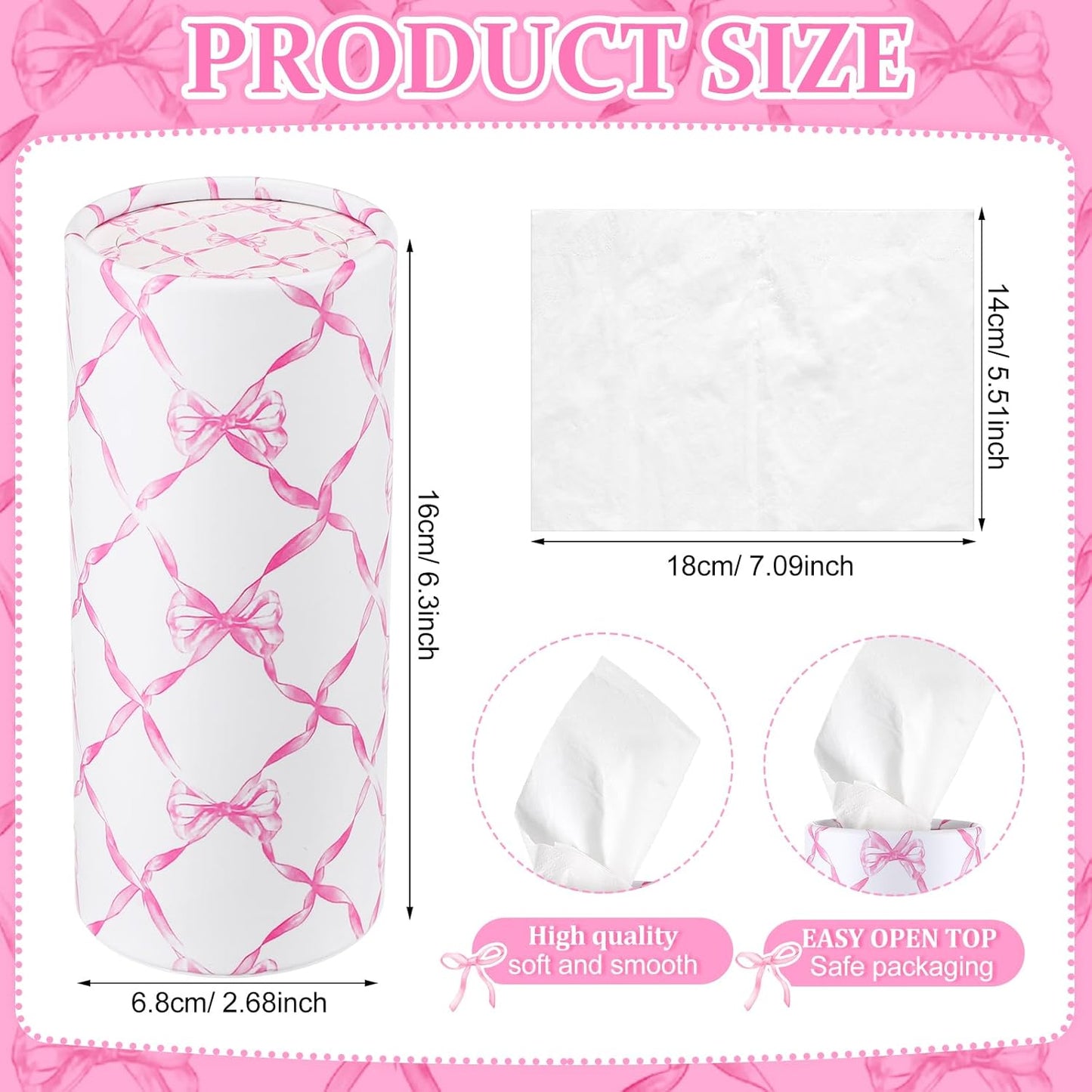 Faccito 4 Pack Car Tissue Holder with 50 3-ply Facial Tissues Bulk Pink Bow Cylinder Container Refill Box Round Portable Travel Tissue Dispenser Coquette Decor for Car Cup Holder Home Office Party