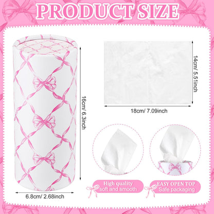Faccito 4 Pack Car Tissue Holder with 50 3-ply Facial Tissues Bulk Pink Bow Cylinder Container Refill Box Round Portable Travel Tissue Dispenser Coquette Decor for Car Cup Holder Home Office Party