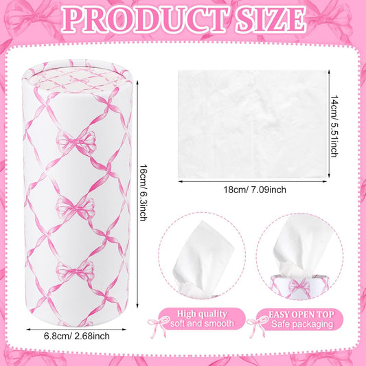 Faccito 4 Pack Car Tissue Holder with 50 3-ply Facial Tissues Bulk Pink Bow Cylinder Container Refill Box Round Portable Travel Tissue Dispenser Coquette Decor for Car Cup Holder Home Office Party