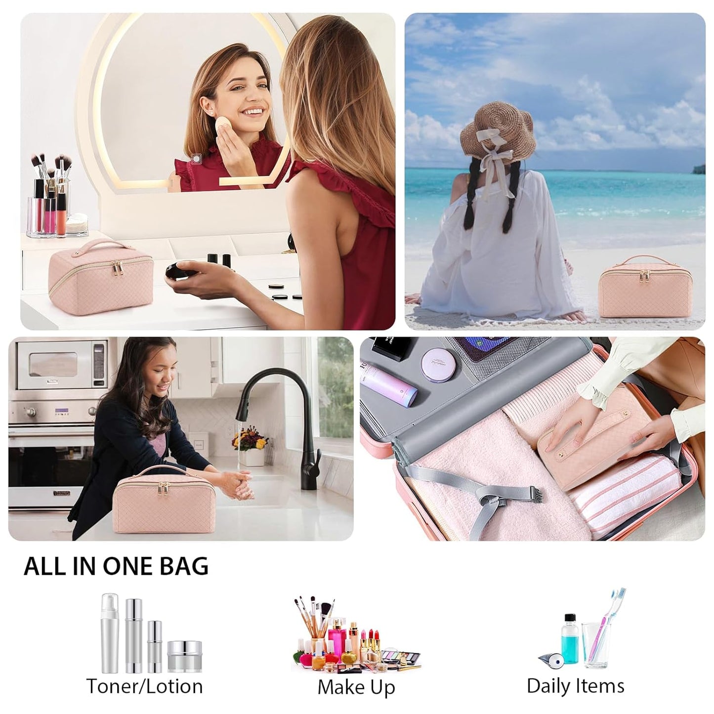 Large Capacity Travel Makeup Bag for Women, Waterproof Portable Cosmetic Bag with Compartments, Foldable Flat Lay Design for Easy Access, Perfect for Toiletries & Beauty Essentials (Pink)
