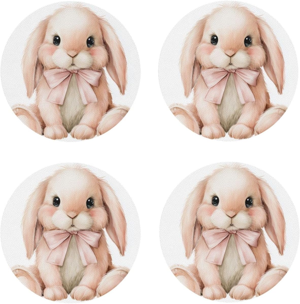 Watercolor Animal Light Pink Bunny Wearing Bow Drinks Coasters Set of 4 Leather Drink Coasters for Tabletop Protection Heat Resistant Bar Cup Mat Pad