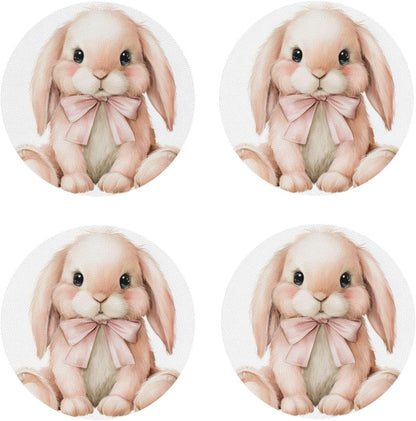 Watercolor Animal Light Pink Bunny Wearing Bow Drinks Coasters Set of 4 Leather Drink Coasters for Tabletop Protection Heat Resistant Bar Cup Mat Pad
