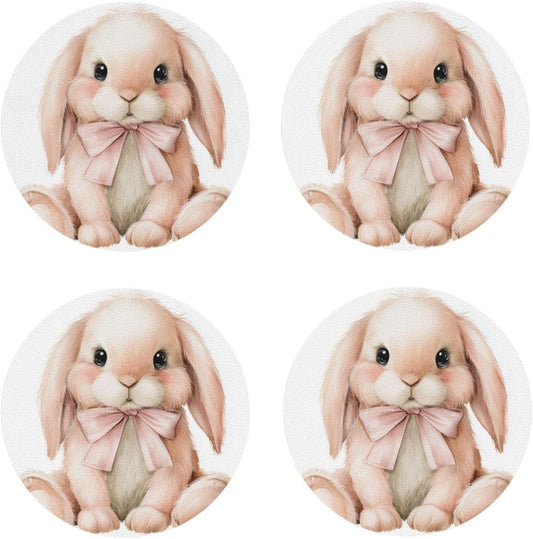 Watercolor Animal Light Pink Bunny Wearing Bow Drinks Coasters Set of 4 Leather Drink Coasters for Tabletop Protection Heat Resistant Bar Cup Mat Pad