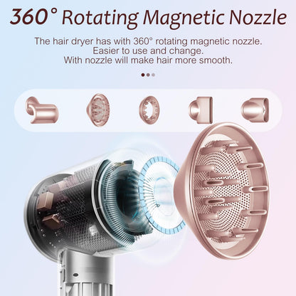 Brushless Powerful Hair Dryer, 1600W 110,000 RPM Fast Drying High Speed Blow Dryer with Negative Ion Technology, Portable Lightweight with Diffuser and Nozzle for Home Salon Travel, Pink