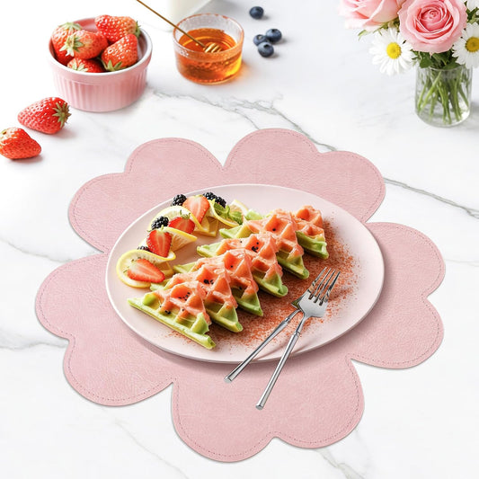 fanquare Pink Flower Shape PU Leather Placemats Set of 4, 15" Non-Slip Heat Resistant Table Mats for Kitchen Home Decor