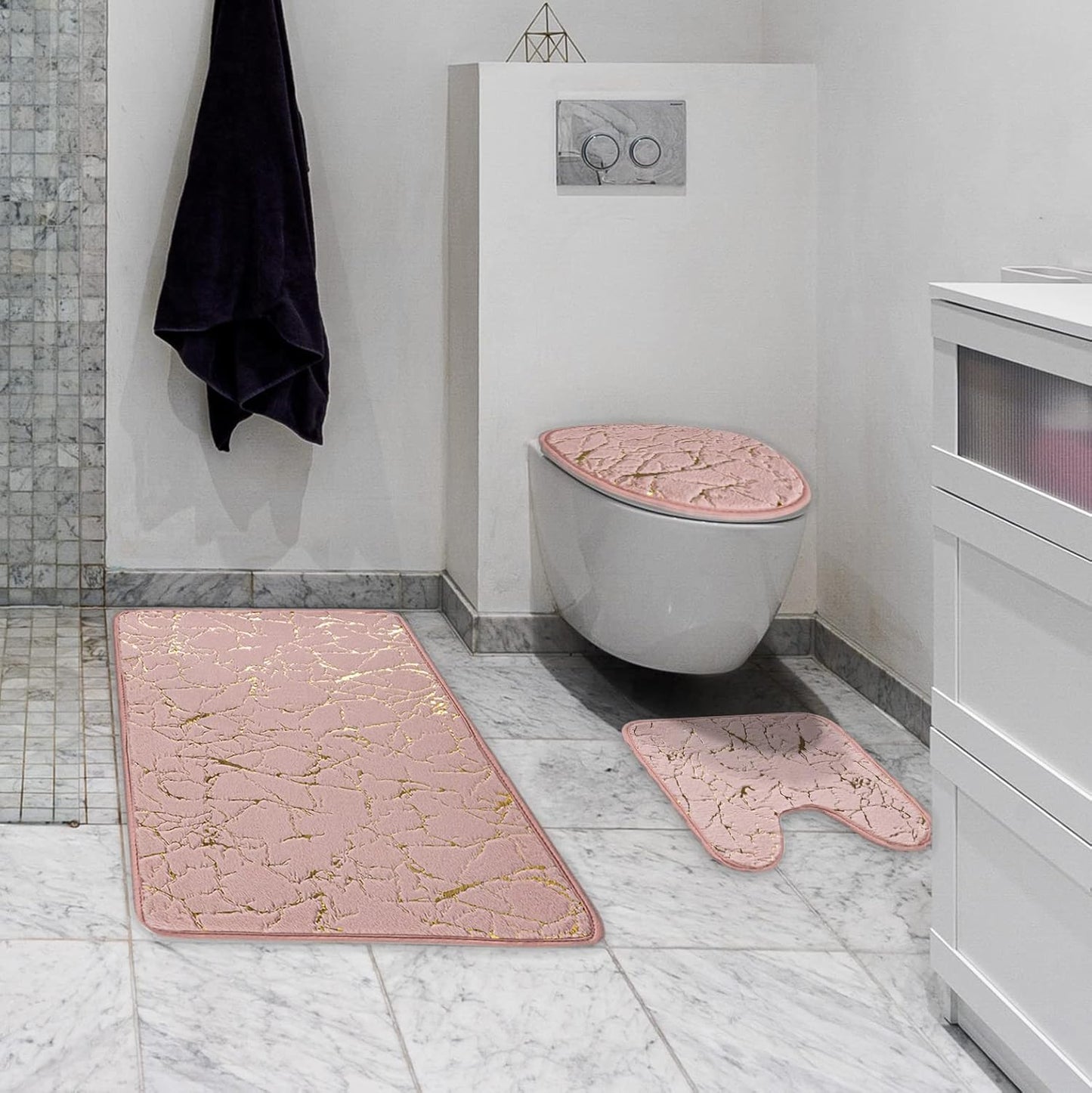 Marble Bathroom Rugs and Mats Set 3 Piece Nonslip Pink Bathroom Mats Soft Washable Bath Mat for Bathroom Floor Mats Carpet Water Absorbent Shower Rug with U-Shaped Contour Rug Toilet Lid Cover