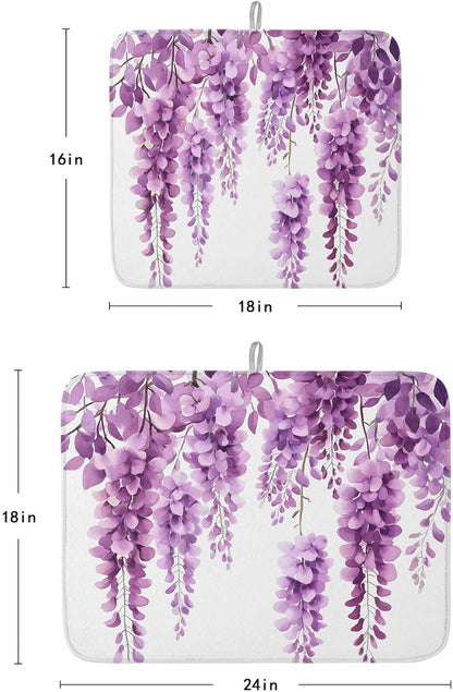 Dish Drying Mat 2 Pack 18" x 24" Wisteria Floral Absorbent Drying Mat for Kitchen Counter Light Pink Leaf Dish Drying Pad for Dishes Cups and Glassware Coffee Bar Accessories