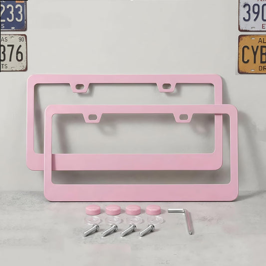 Fashion 2 Pack Matte Cherry Baby Pink License Plate Frames, Stainless Steel Car License Plate Cover Accessories with Screw Caps