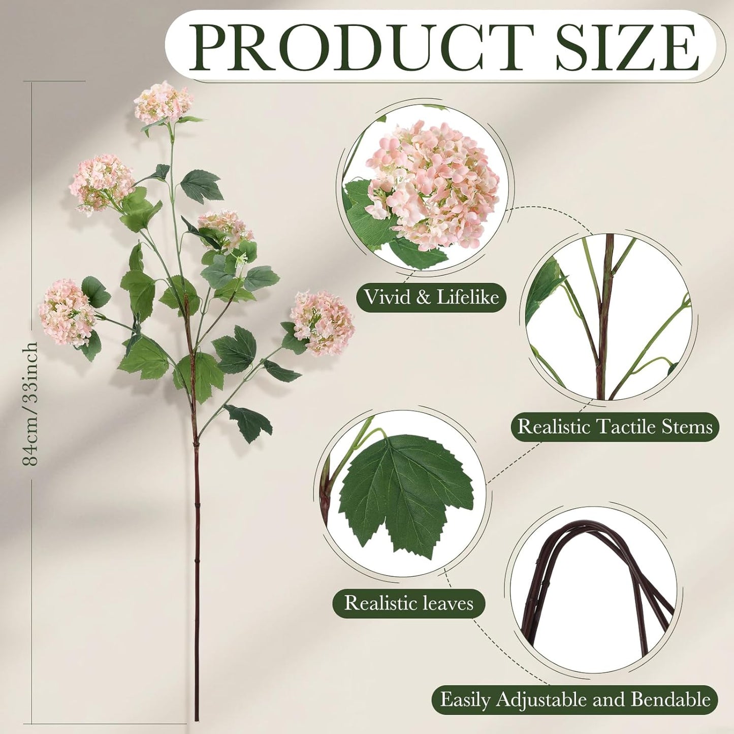 4 Pcs 33" Tall Artificial Snowball Hydrangea Flowers, Silk Hydrangeas with 20 Heads Long Stem for Tall Vase Decor, Wedding Table Centerpiece, Outdoor Living Room Arrangement(White Pink)