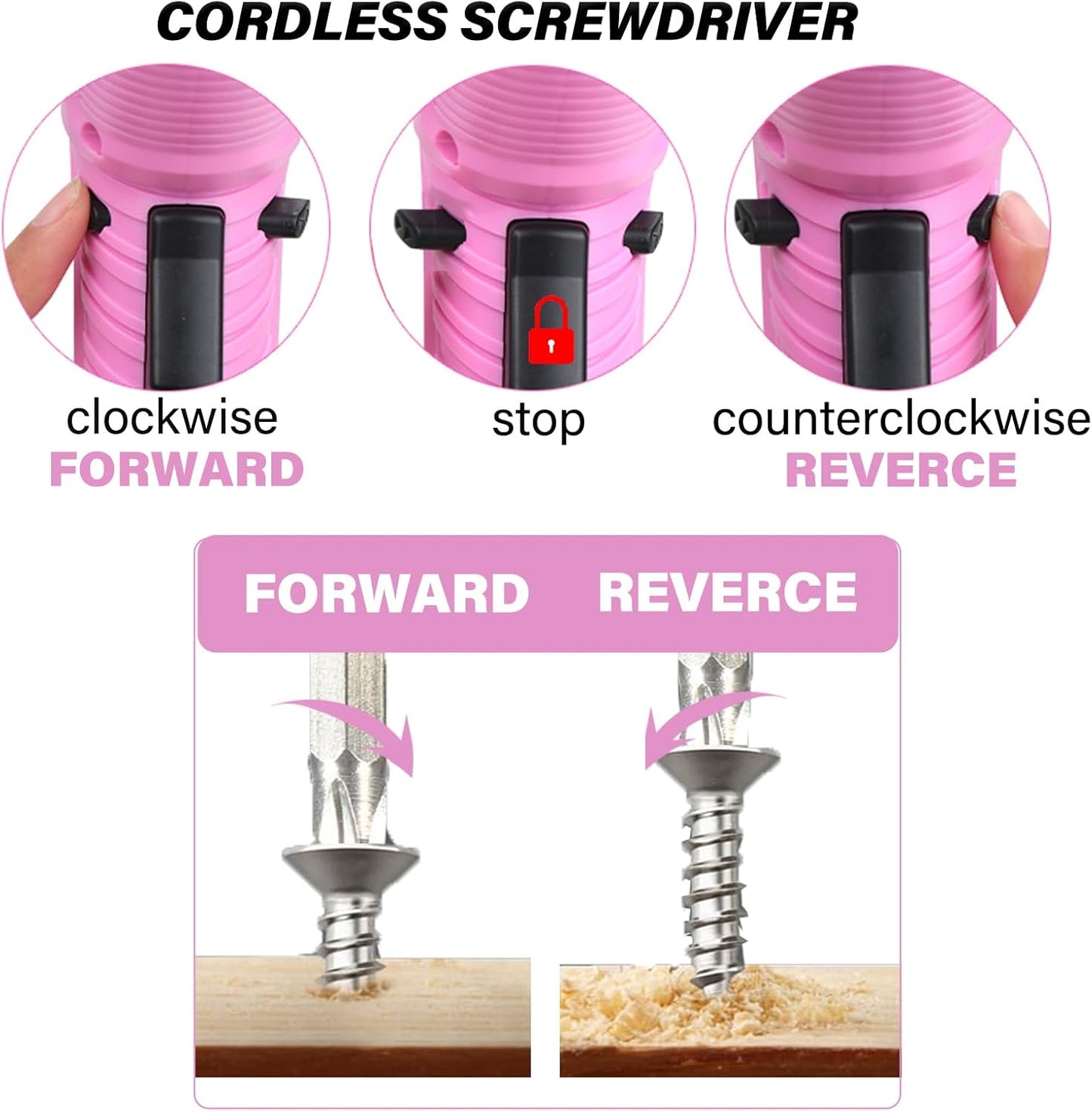 Electric Cordless Screwdriver with Offset Driving Shaft, 4.2V Automatic Rechargeable Screw Driver with 47PCS Bits, Battery Powered Automatic Screw Gun with LED Light & Carry Case Pink Screwdriver Set