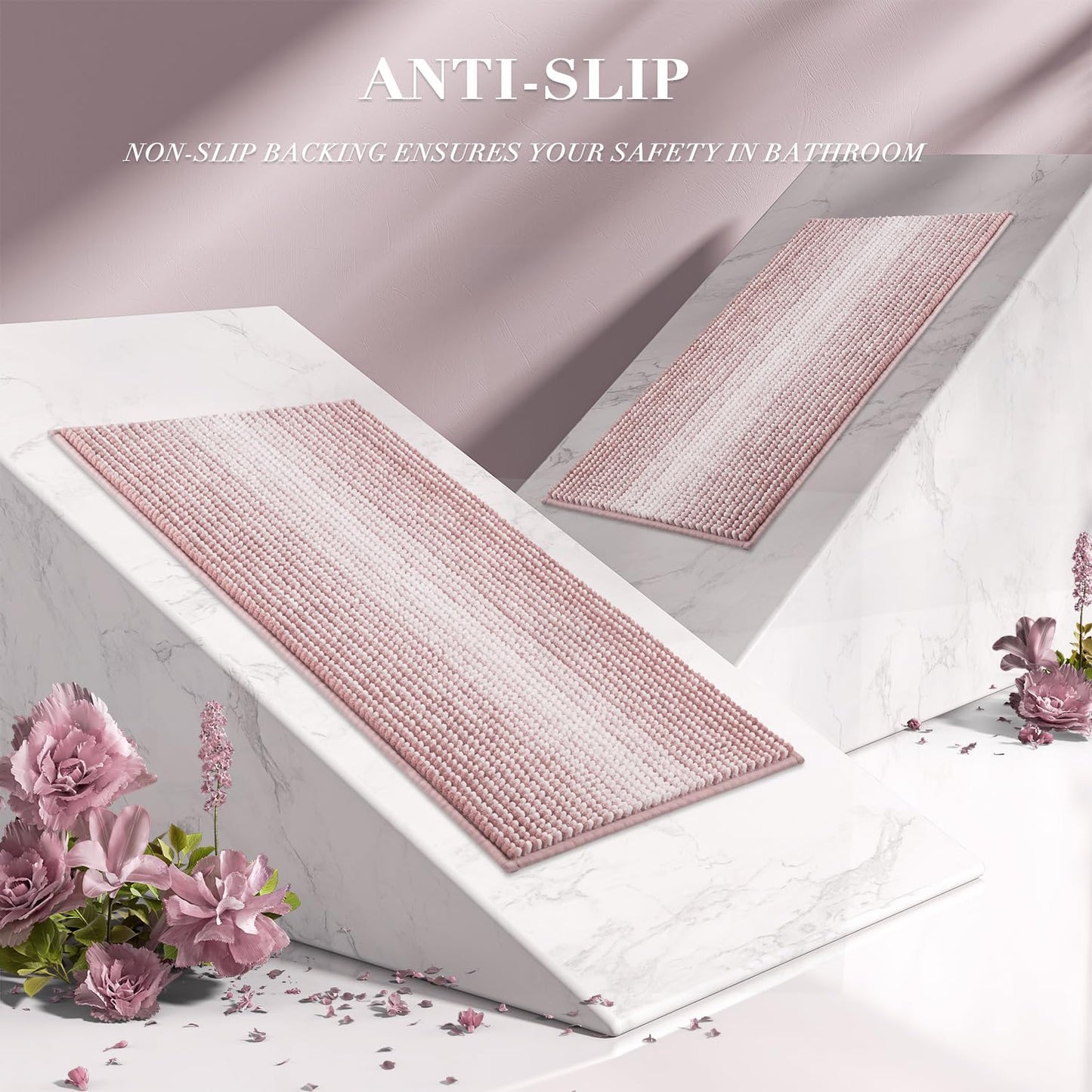 BSICPRO Bathroom Rugs and Mats Sets, 2 Piece Thick Absorbent Chenille Bath Mat Rug Set Non Slip, Soft Shaggy Bath Room Floor Mats for Bathroom, Machine Washable (20" x 47" Plus 16" x 24",Mist Pink)
