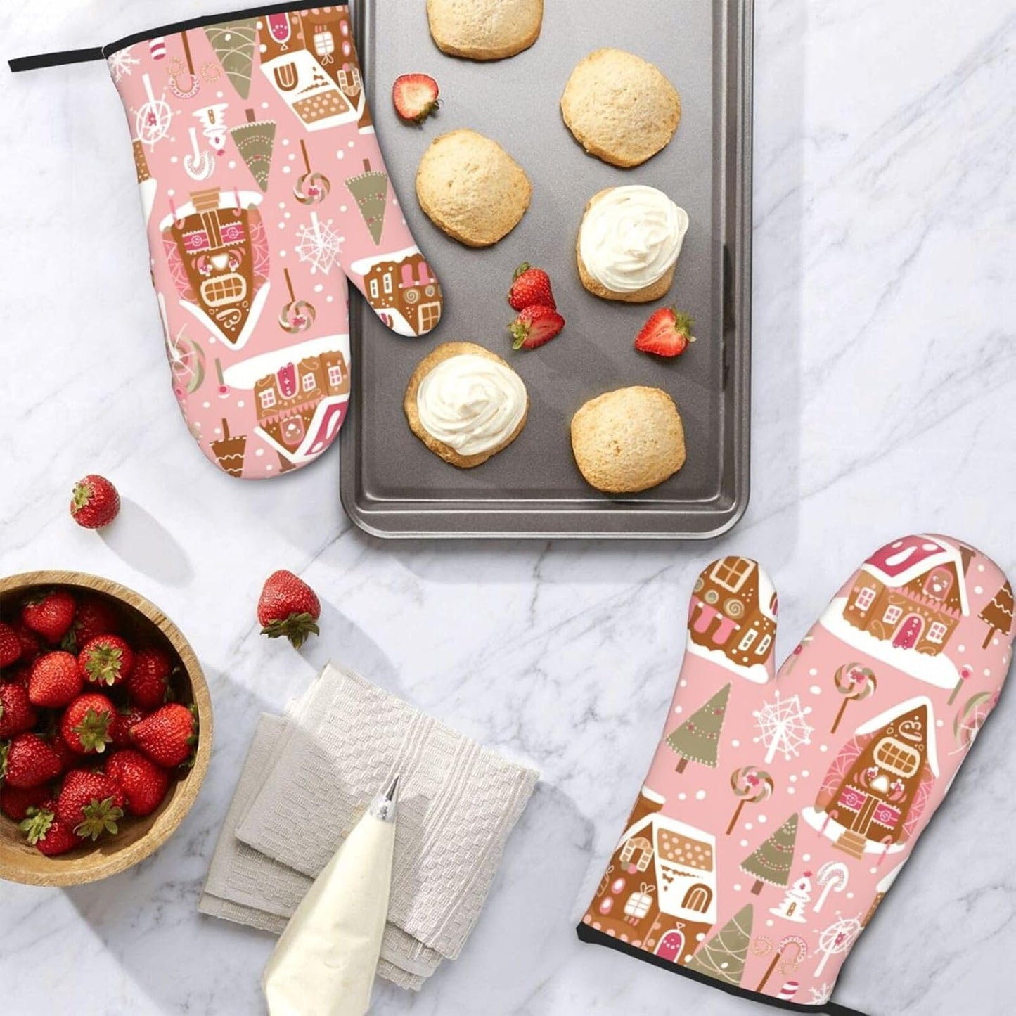 Cute Christmas Tree Gingerbread Pattern Pink Decor, Cute Christmas Tree Gingerbread Pattern Pink Oven Mitts Pot Holders, Cookie Bag Kitchen Cooking Baking BBQ Gloves 2pcs