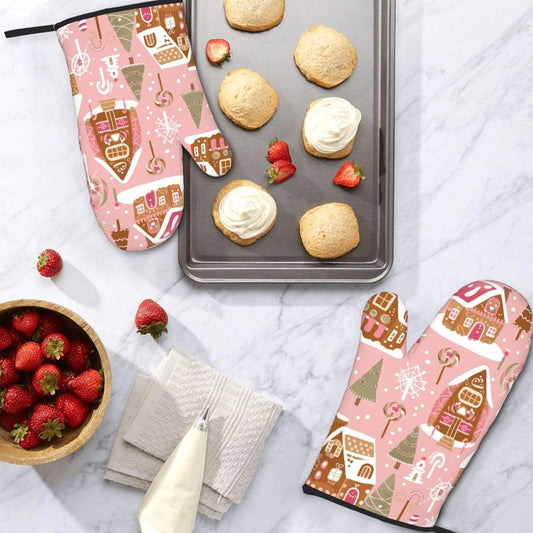 Cute Christmas Tree Gingerbread Pattern Pink Decor, Cute Christmas Tree Gingerbread Pattern Pink Oven Mitts Pot Holders, Cookie Bag Kitchen Cooking Baking BBQ Gloves 2pcs