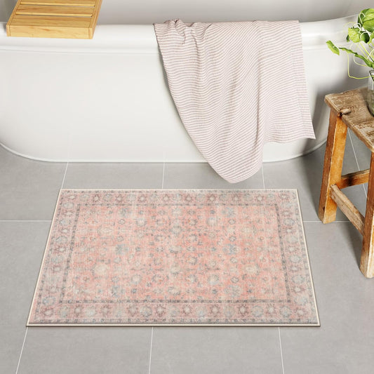 Uphome Boho Bathroom Rug Mat 18x26, Extra Soft Non Slip Absorbent Water Bath Rug, Quick Dry Machine Washable Microfiber Shaggy Shower Mat, Bath Mat for Bathroom Floor Bathtub Sink Toilet Vanity, Pink