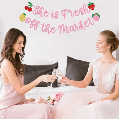 GXSOVSO She is Fresh off the Market Banner, Fruit Bridal Shower Banner, Market Farmers Bachelorette Party Decorations, Engagement Party Decorations (Pink)