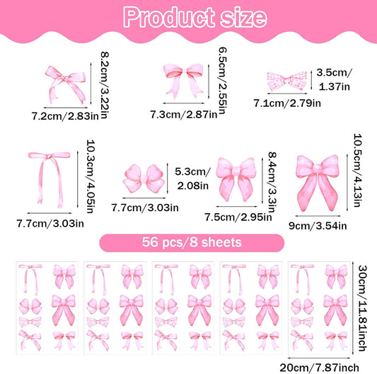 56 Pcs Pink Bow Wall Stickers, Watercolor Aesthetic Bows Wall Decals, Peel and Stick Pink Bow Decor for Walls, Bedroom