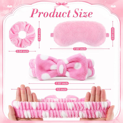 Maiteenly 18 Pcs Sleepover Party Supplies Include 6 Bow Spa Headbands, 6 Eye Mask and 6 Velvet Scrunchies Pink Party Favors for Women Makeup Gift Bachelorette Slumber Wedding