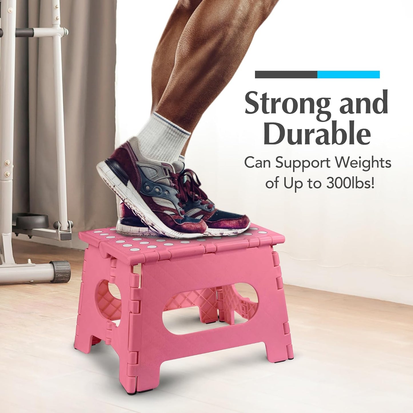 Handy Laundry Folding Step Stool for Adults & Kids, 9 Inch Sturdy Plastic Step Stool Foldable with Handle, Non-Slip, 300 lb Capacity, Lightweight & Compact for Kitchen, Bathroom, Bedroom, Pink