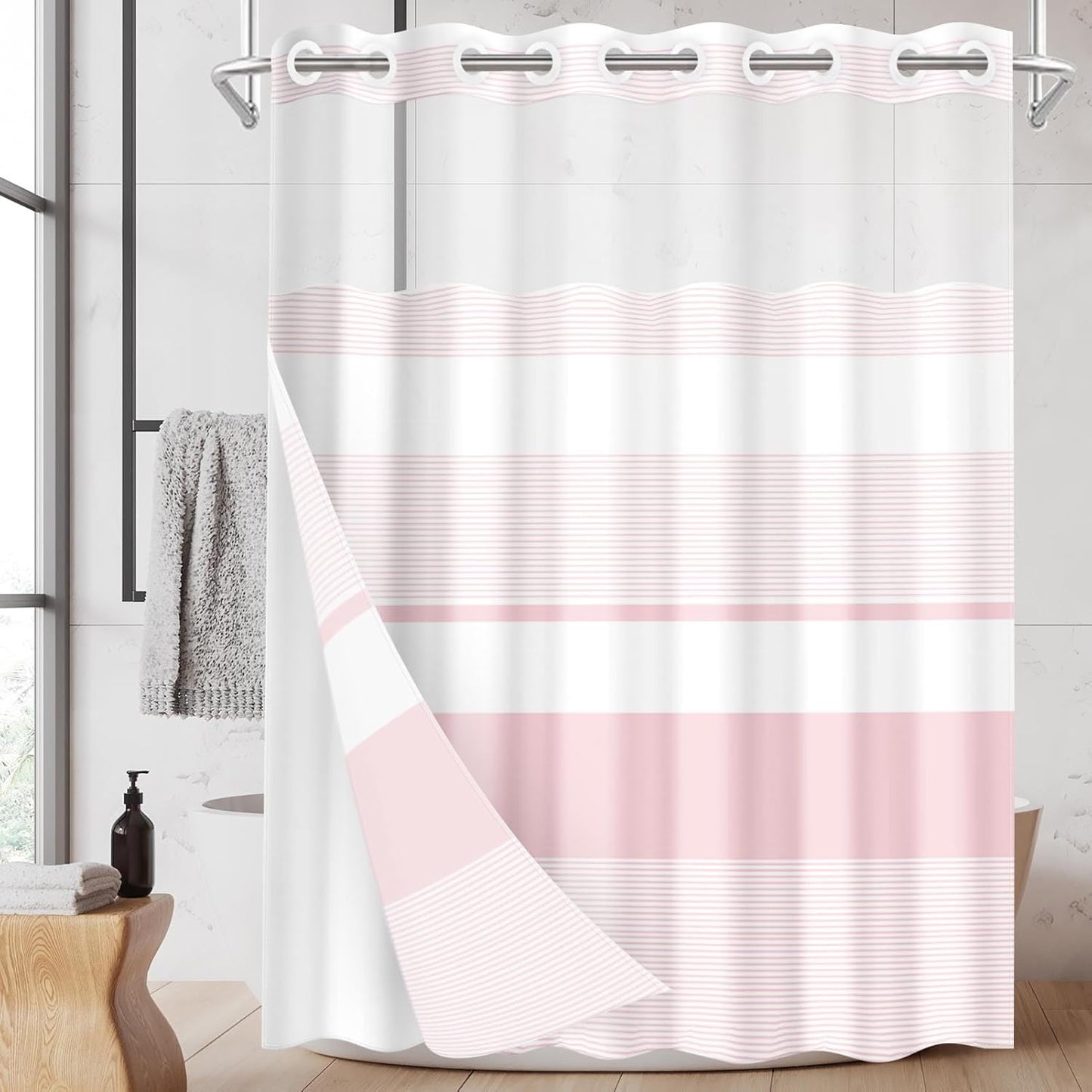 No Hook Pink Shower Curtain with Snap in Fabric Liner Set, Striped Modern Double Layers Waterproof Fabric with See Through Top Window Open Grommet Bath Curtain 71x74 Inch