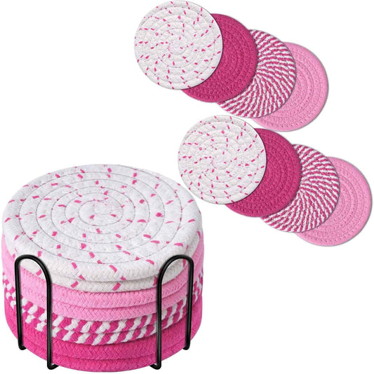 Drink Coasters 8 Pack with Holder, 4-Color Cotton Woven Absorbent Coasters Set, Minimalist 4.3in Cup Mat for Home Decor, Dining Table, Living Room, Tabletop-Protection for Coffee Beverage-Pink